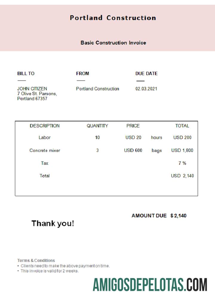 Fatura de construção de Portland nos EUA exemplo